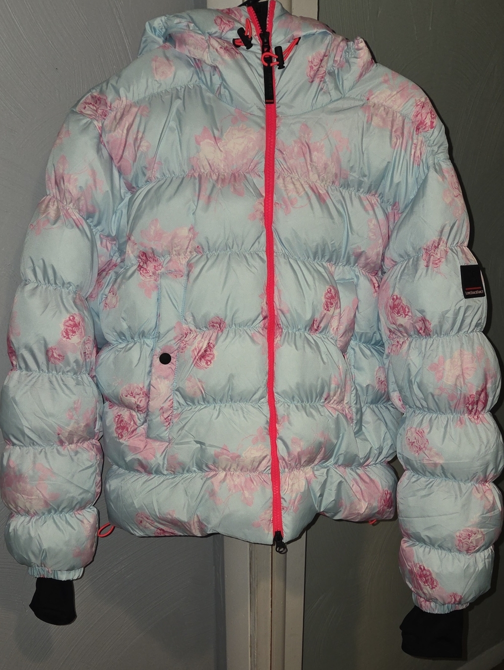 LoveShackFancy Light Blue Floral Puffer Jacket with Pink Accents